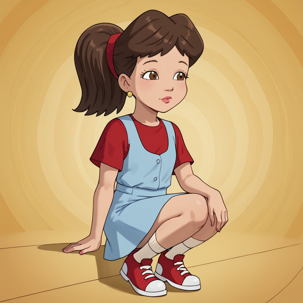 <lora:EmmyDragonTales:1> emmy(dragon tales), 1girl, solo, emmy, brown hair, ponytail, brown eyes, red shirt, red hairband, overall skirt, shoes, earrings, jewelry