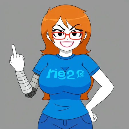 score_5, score_4_up,
BREAK,
jess, 1girl, white skin, solo, glasses, middle finger, black eyes, breasts, smile, red-framed eyewear, shirt, large breasts, blue shirt, hand on hip, simple background, long hair, looking at viewer, orange hair, pants, thief of breath, single mechanical arm, evil, grin,
BREAK,
three quarter view, 
BREAK,