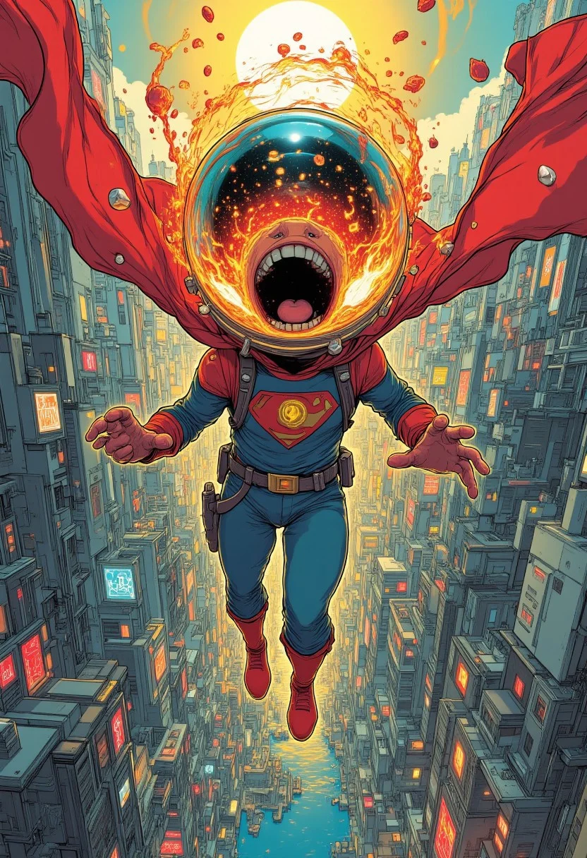 ff-enhance, ff-comic, A superhero wearing a vibrant costume is floating in the air and overlooking a futuristic city. The are a guardian. The city that has withstood the ravages of time. Ephemeral and haunting, chaotic but peaceful. The city represents an ideal. Darker grittier outlines.