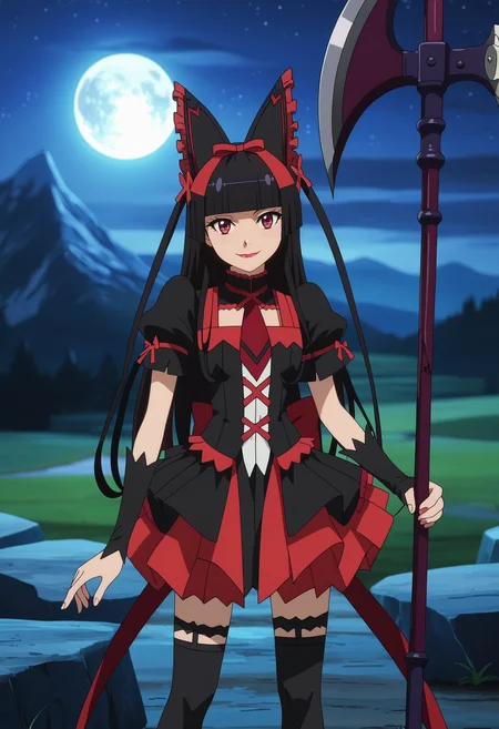 score_7_up, anime screencap,
<lora:GATE_RoryMercuryXL:0.9>, RoryMercury,
1girl, closed mouth, light smile,
long hair, black hair, red eyes, hime cut, blunt bangs, lipstick, hair bow,
over shoulder, axe, halberd,
multicolored dress, black dress, red dress, puffy short sleeves, red necktie, black thighhighs, arm warmers,
head tilt, standing, looking at viewer,
blurry background, night, night sky, moon, mountains, scenery