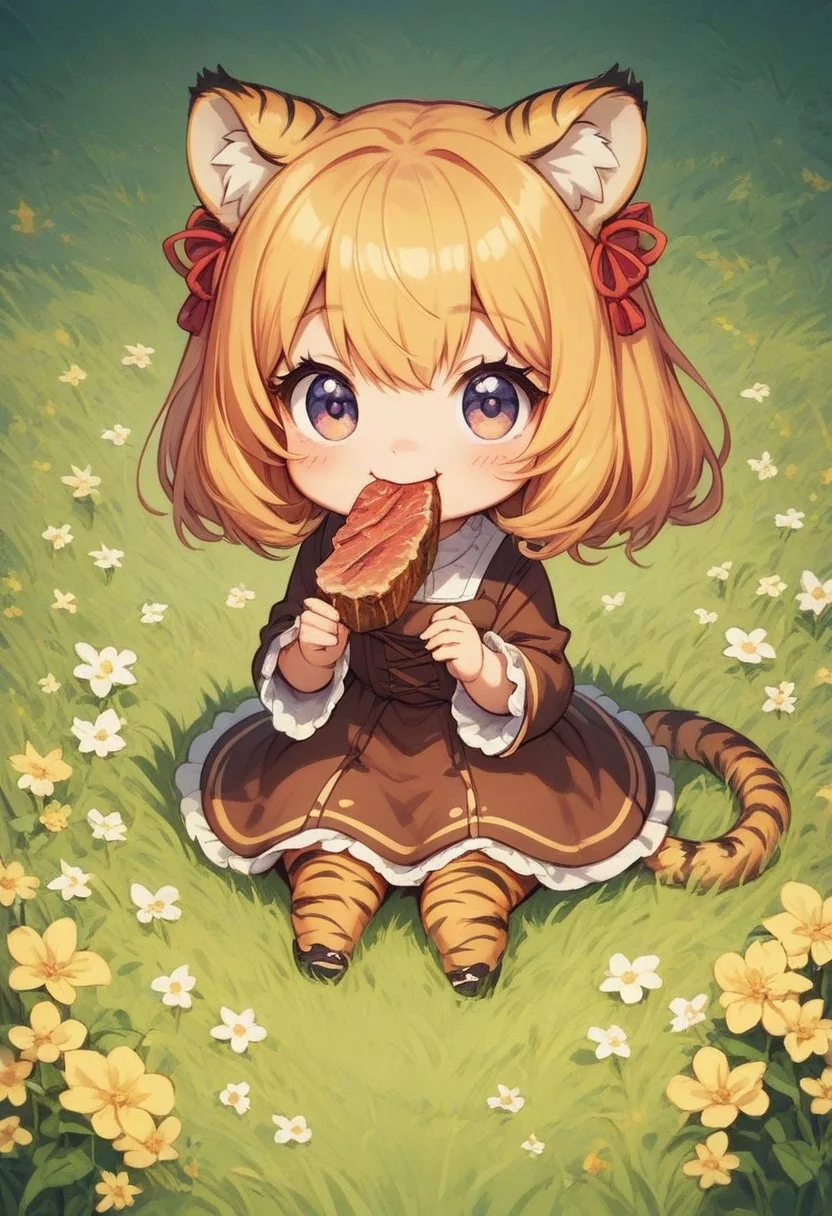 score_9, score_8_up, score_7_up, best quality, fine detail, cute, tiger girl, chibi, eating steak, sitting down, :3, meadow full of flowers, grass