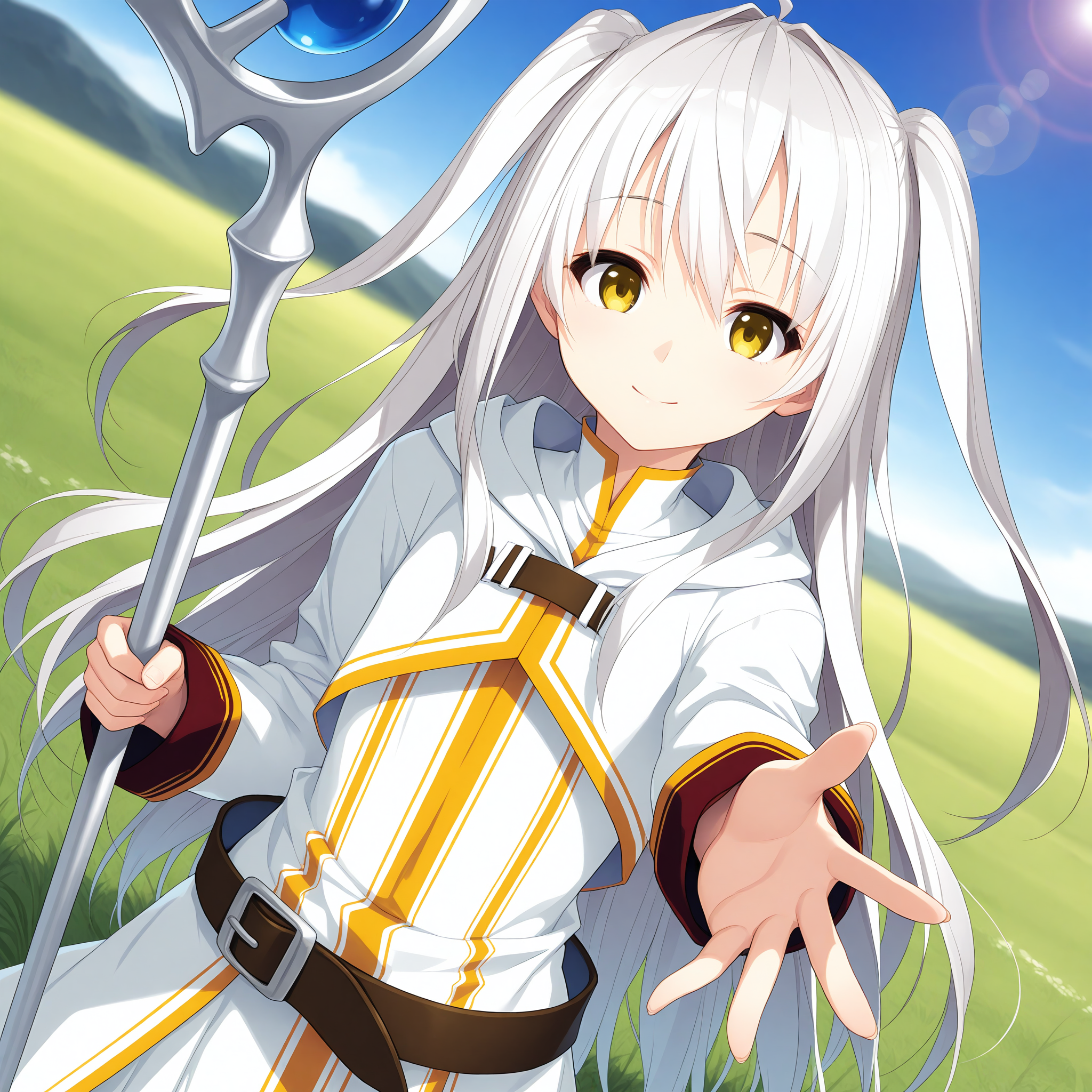 <lora:Apeiria_1_nai-000042:1>,Apeiria,
belt,white dress,white hoodie,hood down,
1girl,solo,grass,sky,bust,upper body,smile,depth of field,lens_flare,dutch angle,from_side,holding staff,reaching towards viewer,looking at viewer,