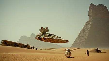 cinematic film still of <lora:star wars style:0.2>
<lora:detailed:0.4> detailed
<lora:perfection style:0.4> perfect
<lora:PerfectEyesXL:0.5>
<lora:Chiaroscuro Lighting Style:0.3>
<lora:Jakku:0.9>
Jakku a large ship is in the desert with a mountain in the background,in star wars style,outdoors,artist name,no humans,watermark,letterboxed,scenery,science fiction,desert, shallow depth of field, vignette, highly detailed, high budget, bokeh, cinemascope, moody, epic, gorgeous, film grain, grainy