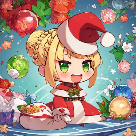score_9, score_8_up, score_8, ,,, zzPadoru, 1girl, blush, smile, open mouth, blonde hair, long sleeves, dress, holding, green eyes, braid, ahoge, :d, hair bun, red dress, single hair bun, red headwear, meme, holding sack, ,<lora:PadoruMemePDXL:1.0>, ,,, smile, looking at viewer, ,,, embedding:zPDXL, <lora:SDXLFaeTastic2400:0.5>,