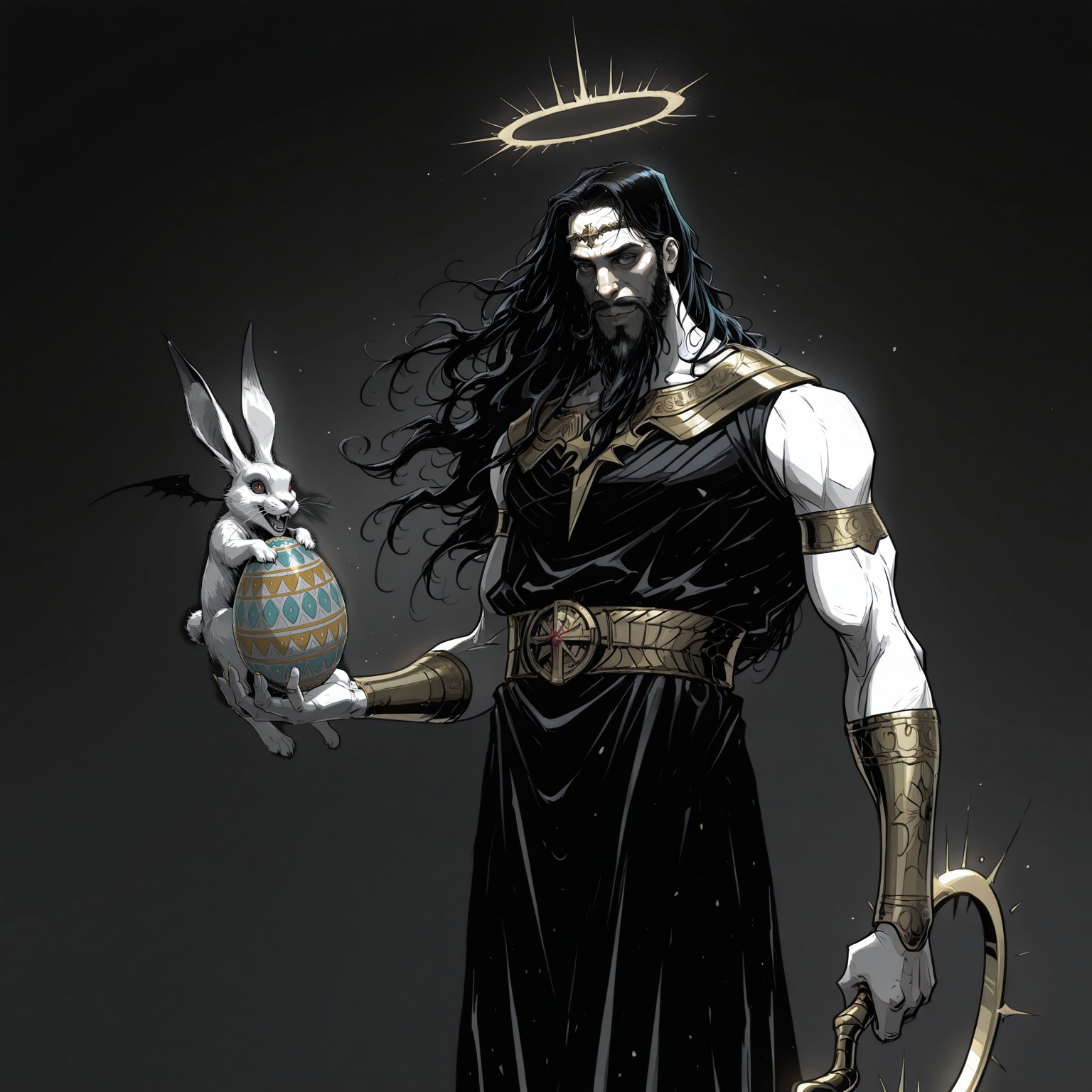 ((medium long shot)), HadesCharacterArtstyle-IL-V1.0, Sinozick_illu, gradient, spot color, devilhs,
/, (((((1boy, Jesus, bearded, mustache, black hair, halo))))) holding a rabbit and some easter eggs,
/, ambiant light,