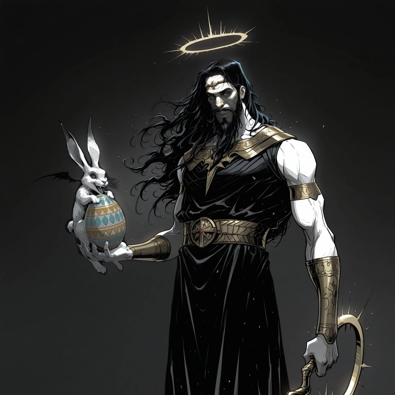 ((medium long shot)), HadesCharacterArtstyle-IL-V1.0, Sinozick_illu, gradient, spot color, devilhs,
/, (((((1boy, Jesus, bearded, mustache, black hair, halo))))) holding a rabbit and some easter eggs,
/, ambiant light,