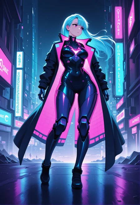 <lora:ck-neon-retrowave-IL-000012:1>, in the style of ck-rw, neonpunk, A striking upper portrait of a cyberpunk 1girl woman standing confidently, looking to the side, provocative posing, the neon glow of holographic billboards and advertisements illuminating her sleek silhouette. Her body is a masterful fusion of organic beauty and advanced cybernetic enhancements. Metallic implants run down her arms and legs, glowing softly with energy beneath her smooth, translucent skin, giving her an almost ethereal presence in the urban sprawl. Her hair is jet black, threaded with neon blue fiber optics. Her eyes, augmented with data-processing lenses, flicker as she scans her surroundings, and beneath her coat, a powerful exoskeleton glows faintly, augmenting her movements for agility and speed. The rain falls lightly, bouncing off her chrome armor, reflecting the vibrant city lights. 
masterpiece,best quality,amazing quality