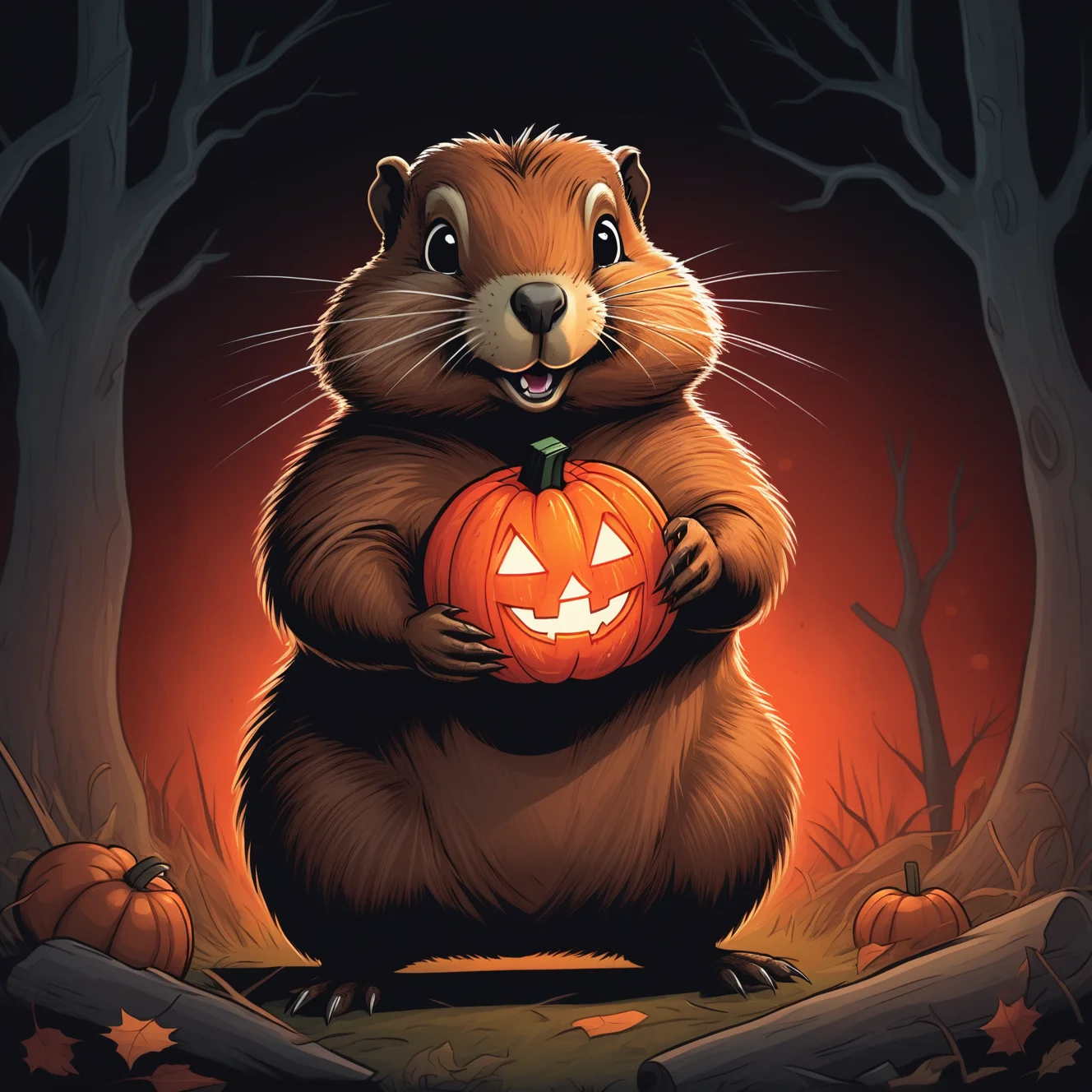 comic illustration of a woodchuck holding a lit jack-o'-lantern with red light