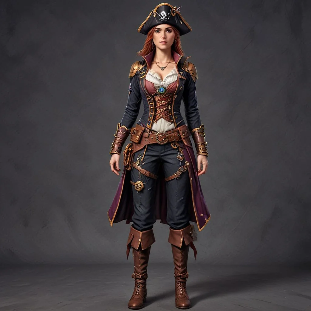 lumenarium, pirate adventures, woman character ,1girl, solo, full body, beautiful, masterpiece, best quality, detailed, HD, pirate hat, pretty face, fine hands