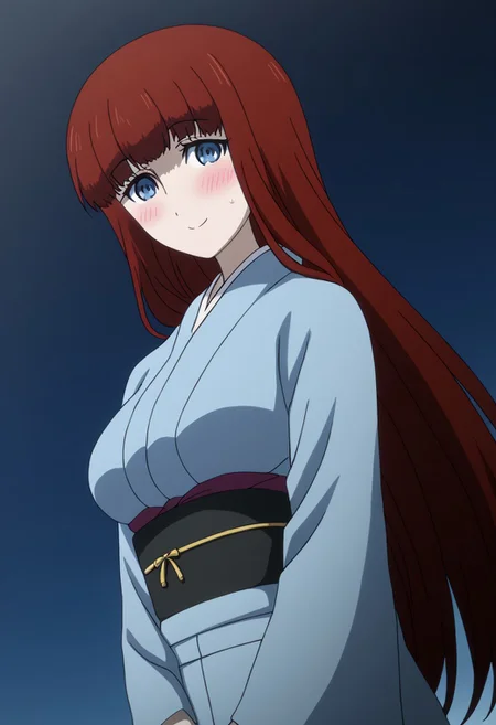 rating_safe, Ultra-high-detailed Anime illustration of Kagari Shiina from Anime Steins;Gate 0. The artwork features Kagari in a solo, standing position with a outdoors, flield and background, background in the night sky. night time. night.
She is depicted with intricate details showcasing her large breasts, natural_breasts. She is a white skinned, 22 years old woman. Kagari is looking_at_viewer with perfect_eyes, Her pupils are highly detailed. The eyes are open. blue eyes. Kagari's eyes are highlighted. Highlighted eyevrows.
She has long hair, red colored hair, styled in blunt bangs and floating hair.
She is wearing a blue kimono and black shoes. japanese kimono, kimono.
The artistic style is intricate_details_xl with a focus on Anime art. The color palette emphasizes red and black with detailed strokes to bring out the character's features. The lighting creates dramatic shadows and highlights, adding depth to the artwork. The perspective is from a face focus, dutch angle to enhance the impact of the character's expression. This masterpiece is a true portrayal of Kagari's complex personality and will captivate any fan of Kagari. uncensored, upper body, blushing, smile, Kagari Shiina,
perfecteyes,
<lora:Steins_Gate:1>
kimono
happy new year!