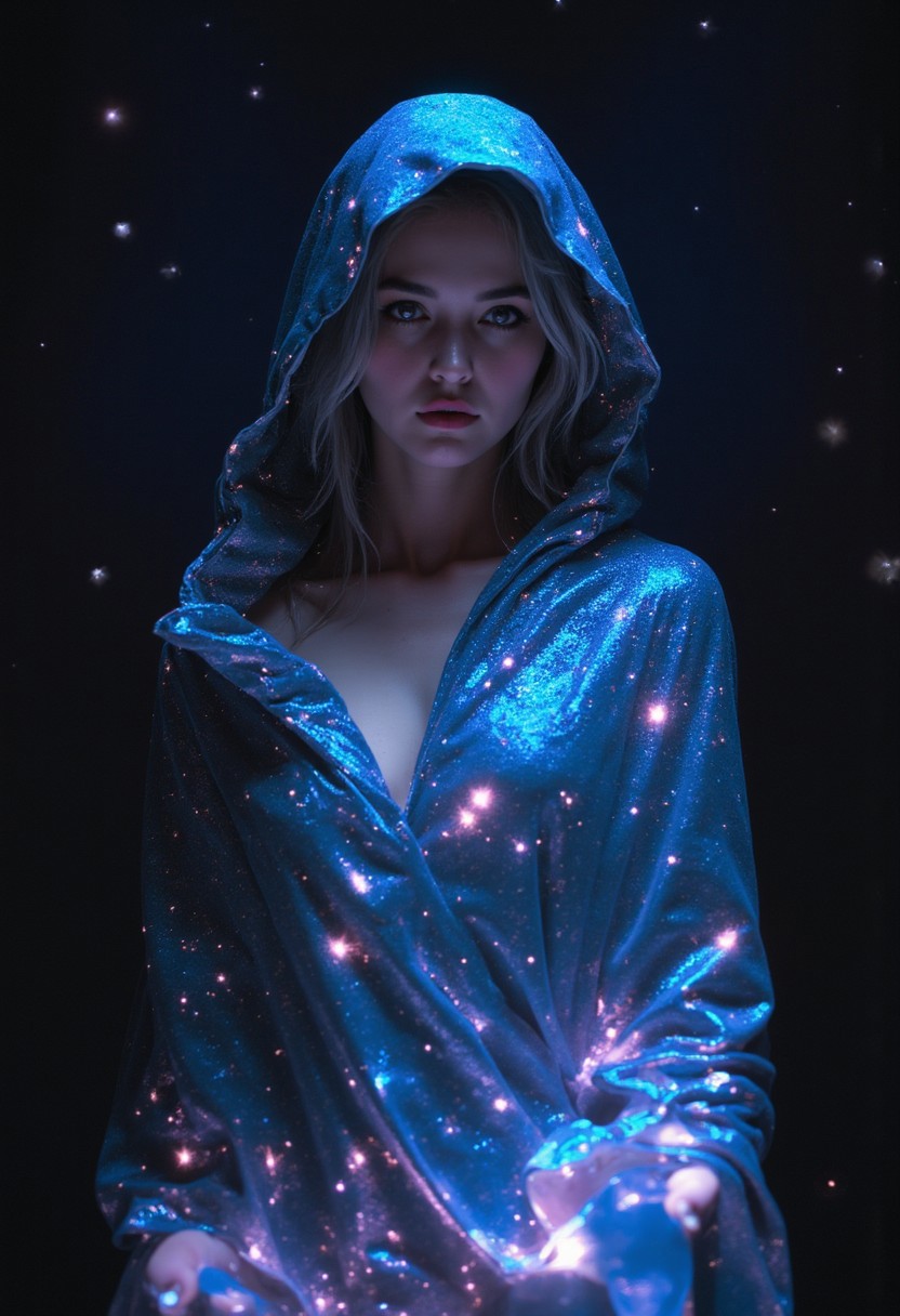operetta, a woman is standing alone against a cosmic backdrop. She has silver hair and silver eyes. She is draped with an oversized cloak made of iridescent patterns from a shimmering starry night sky. The stars are white, pink and gold. Her face is in focus but shadowed by the hood of her cloak. The lit stars on the cloak are the only thing illuminating the scene, and it gets darker the further away it is. Her arms are outstretched as if casting a spell. Her fair skin contrasts softly against the glittering cloak, and her expression is introspective, with slightly parted lips adding a touch of sensuality. The cloak catches the ambient light, scattering it into a dazzling display of shimmering reflections, resembling a star-studded night sky. The dim, ambient lighting enhances the intimate, moody atmosphere, casting gentle shadows that sculpt the contours of her face and body, emphasizing her serene yet enigmatic presence. The composition blends softness and glamour, fusing intimate elegance with a hint of otherworldly magic.