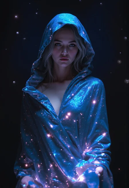 operetta, a woman is standing alone against a cosmic backdrop. She has silver hair and silver eyes. She is draped with an oversized cloak made of iridescent patterns from a shimmering starry night sky. The stars are white, pink and gold. Her face is in focus but shadowed by the hood of her cloak. The lit stars on the cloak are the only thing illuminating the scene, and it gets darker the further away it is. Her arms are outstretched as if casting a spell. Her fair skin contrasts softly against the glittering cloak, and her expression is introspective, with slightly parted lips adding a touch of sensuality. The cloak catches the ambient light, scattering it into a dazzling display of shimmering reflections, resembling a star-studded night sky. The dim, ambient lighting enhances the intimate, moody atmosphere, casting gentle shadows that sculpt the contours of her face and body, emphasizing her serene yet enigmatic presence. The composition blends softness and glamour, fusing intimate elegance with a hint of otherworldly magic.