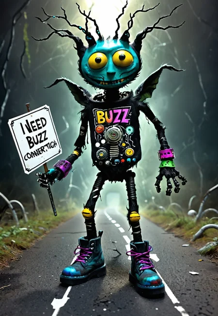 colorful, creepy drawing, simple illustration, childlike illustration. creepy, scary, wonderful creatures, World Morph Felt,
a vast, endless cyber-highway of broken neon billboards and flickering browser tabs, the asphalt pixelated and shifting with corruption, Bionicle Sean marches forward, his massive metal boots leaving behind distorted footprints in the digital dust, ((need_buzz)), holding sign that reads "I need buzz!", his cybernetic half-face glitching between identities, his elongated limbs jittering like a buffering video, he takes a deep pull from his modem vape, releasing a fog of nostalgic internet fragments, pop-up ads and lost Napster downloads swirling around him, the distant hum of a dial-up connection struggling to connect as he wanders toward the fading edge of cyberspace
in the style of the decaying empire of Wurstreich, dark magic and grotesque creatures abound, inspired by Sean Aaberg's punk aesthetic, dark fantasy world combines grim landscapes with vibrant, exaggerated colorful art, heroes skirmish monstrous foes in a setting where rebellion, decay, and mysticism intertwine, crafting a unique, immersive vibe
, the scene is captured in dimly lit dark fantasy but vibrant colors, with bold ink lines defining form against the watercolor wash of the aged paper