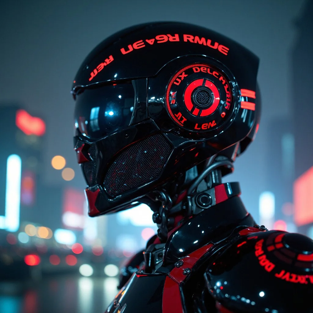 Android sentinel rising from the urban fray, mechanical eyes scanning the nightmarish landscape for signs of discord. A behemoth of polished black chrome and obsidian, its hull adorned with warning emblems of scarlet lettering. Dark-silver bulletproof plating reinforced with polymer latticework, a near-invisible metallic mesh that distorts incoming projectiles. Crimson velvet-embroidered upholstery envelops a seamless helm of dark titanium, serving as the throne room for an elite crew of mechanized warriors. Stylized railguns splintering night air with blast-speed force, their scorched-blue trajectory blazing through moody, an air of chaotic power resonating within a merciless presence where sleek night-shaded mechanical limbs glide amongst a throve of fearsome armoured gangbangers on a pursuit devoid of mercy.