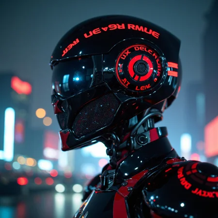 Android sentinel rising from the urban fray, mechanical eyes scanning the nightmarish landscape for signs of discord. A behemoth of polished black chrome and obsidian, its hull adorned with warning emblems of scarlet lettering. Dark-silver bulletproof plating reinforced with polymer latticework, a near-invisible metallic mesh that distorts incoming projectiles. Crimson velvet-embroidered upholstery envelops a seamless helm of dark titanium, serving as the throne room for an elite crew of mechanized warriors. Stylized railguns splintering night air with blast-speed force, their scorched-blue trajectory blazing through moody, an air of chaotic power resonating within a merciless presence where sleek night-shaded mechanical limbs glide amongst a throve of fearsome armoured gangbangers on a pursuit devoid of mercy.