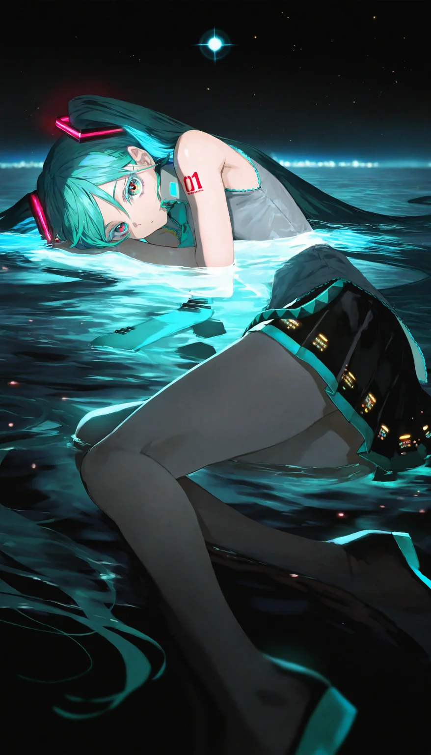 hatsune miku, 1girl, artist:[lack|fuzichoco|lam \(ramdayo\)|kinta \(distortion\)|wlop|quasarcake|nixeu|happoubi jin|miyajima reiji|demizu posuka], solo, looking at viewer, colored eyelashes, long eyelashes, makeup, aqua eyes, red eyes, multicolored eyes, multicolored hair, circle formation, single vertical stripe, black theme, aqua theme, ocean, lying, on side, bioluminescence, black theme, night sky, dark, deep glow, partially submerged, legs,
masterpiece, best quality, very aesthetic, absurdres, newest
<lora:noobai_vpred_1_aqm_complete_v3:1>