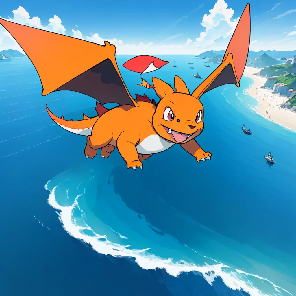 full body shot of Charizard, flying in the air, beautiful sea in background, , HD, masterpiece, best quality, hyper detailed, ultra detailed,,<lora:anpan:0.7>