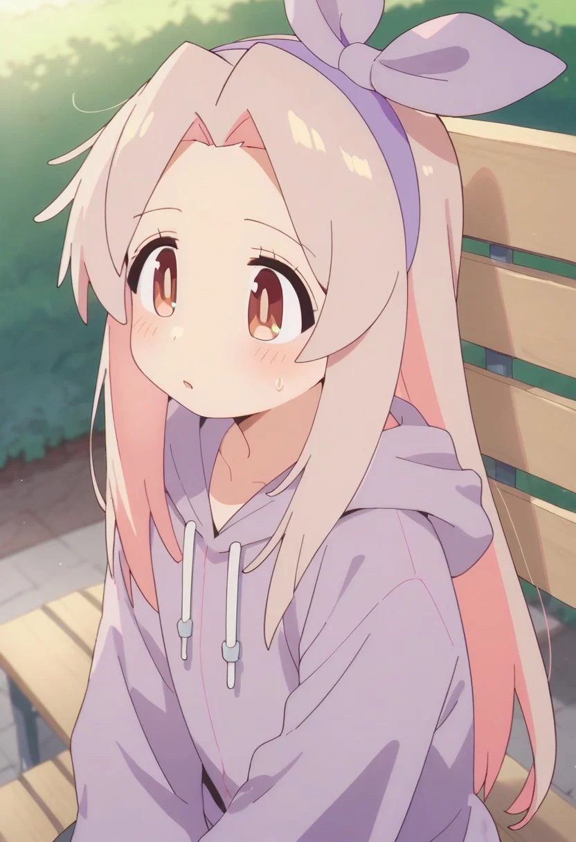 score_9, score_8_up, score_7_up, source_anime,oyama mahiro, long hair, pinkish-gray hair, brown eyes, 1girl, solo, forehead, hood, hairband, :o, blush, purple hairband, bangs pinned back, bench, on bench, hoodie