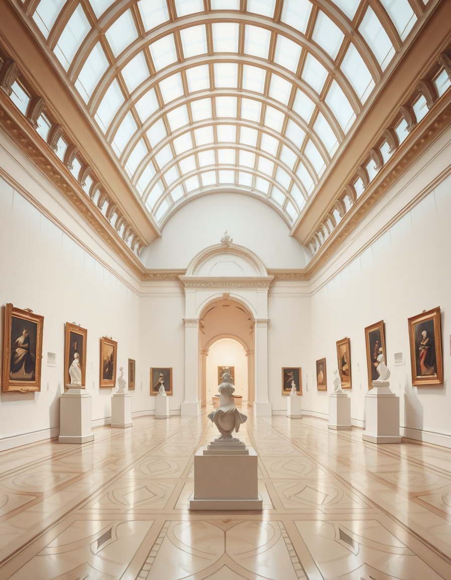 A high-resolution photograph of the interior of a grand art museum, featuring vast halls with high ceilings, intricate architectural details, and polished marble floors. The museum is illuminated by soft, natural light filtering through large arched windows, casting gentle shadows on the walls adorned with classical and modern paintings in ornate golden frames. In the center, a marble sculpture stands on a pedestal, surrounded by velvet ropes. Visitors walk around, some admiring the artwork, others engaged in quiet discussions. The atmosphere is serene and intellectual, with a warm color palette of beige, gold, and deep reds enhancing the elegance of the scene. The perspective is wide-angle, capturing the depth and scale of the museum, evoking a sense of awe and admiration.
<lora:SDXLFaeTastic2400:0.4> <lora:extremely_detailed:0.4> extremely detailed,art mus3um, <lora:art_mus3um-i:1>, Masterpiece,best quality,hi res,8k,hi res,8k,award winning,(sharp focus, intricate, highly detailed),