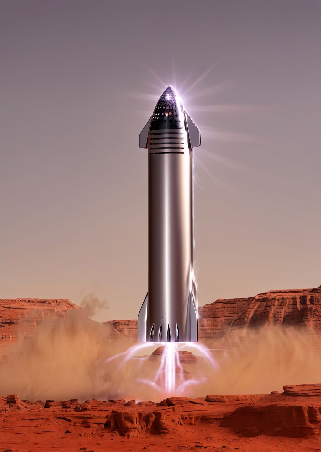 narrow shot of A shiny silver Starship venting white steam on the surface of Mars with landing legs, background high tech buildings, high tech, orange Martian dusk landscape, (photorealistic:1.3), dusty, mountain range, science fiction, hyperrealism, brown sky, (pointy shiny silver rockets):0.8, red and white mushrooms dotting the terrain, Extremely high-resolution details, photographic, crisp, fine texture, incredibly lifelike <lora:snowmountxl_v1:1>  <lora:Starship:1>