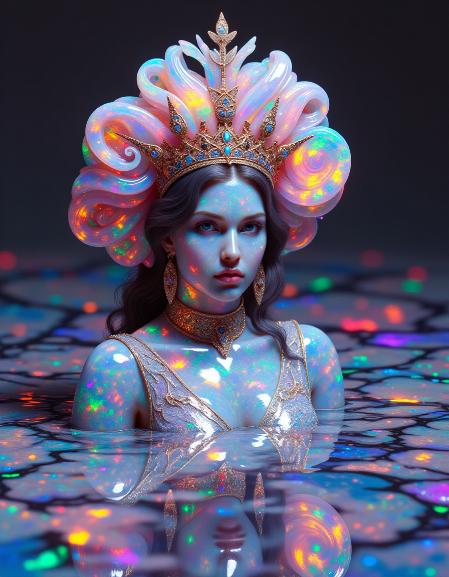 A regal female model wears a massive ral-opal crown shaped like twisting, glowing fractals. The crown radiates vibrant hues of neon pink, blue, and gold, casting chaotic reflections onto her glowing skin. Her reflection appears in the abstract, opal-textured floor beneath her, but each reflected version of her morphs into a different fractal pattern, creating an infinite loop of kaleidoscopic images. Her direct, hypnotic stare anchors the viewer amidst the swirling, psychedelic chaos.
<lora:ral-opal-flux_000004000:1>