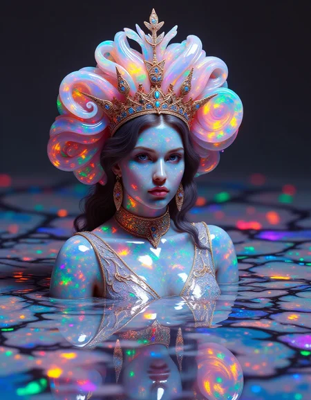 A regal female model wears a massive ral-opal crown shaped like twisting, glowing fractals. The crown radiates vibrant hues of neon pink, blue, and gold, casting chaotic reflections onto her glowing skin. Her reflection appears in the abstract, opal-textured floor beneath her, but each reflected version of her morphs into a different fractal pattern, creating an infinite loop of kaleidoscopic images. Her direct, hypnotic stare anchors the viewer amidst the swirling, psychedelic chaos.
<lora:ral-opal-flux_000004000:1>