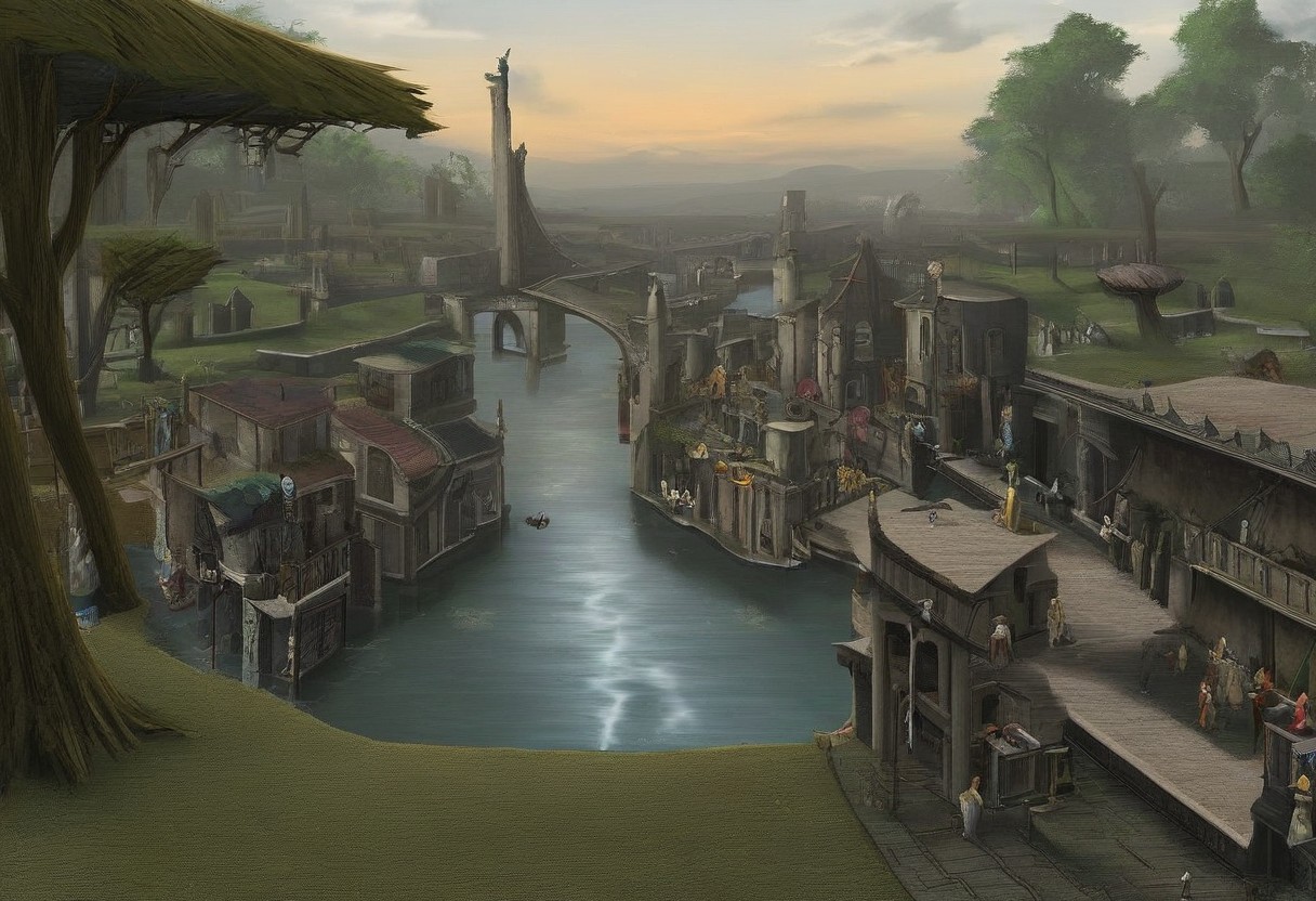 scenary, ascadian isles, clear style, best quality, digital art, morrowind, river, slough, bridge, settlement, dunmer, dunmer architecture, tree, trees, mangrove tree, gondola, colorful fish swimming, mushroom tree, mushroom trees, flora, pier, distant cliff racers, best quality, semirealistic, water, crowd, buildings, city streets, cobblestones, dunmer guard, bonemold armor, sunrise, slight fog, aquatic flora, masterpiece