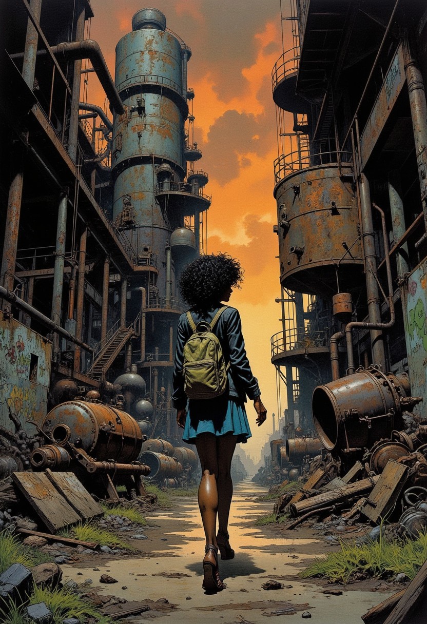 Comic book style 8k high quality digital painting , masterpiece, very detailed, ultra realistic, (best quality) very detailed epic masterpiece, a black woman almost seen from back while walking away, entire figure, curly hair, no face visible. She wears a black leather jacket, straight short blue silk skirt. Heeled strap sandals at feet. A backpack is hanging from her right shoulder. She is walking inside a huge abandoned factory at sunset, ambient in dim light, dark and dirty, (((angle view))), full of rusty machinery, tanks, gearboxes, chains and worn electric cables, graffiti everywhere, sheds and side windows with light rays coming through, the floor littered with debris and small water puddles, grass growing in floor cracks, drops falling from above. noir atmosphere, heroic fantasy, fna_style, Comic book style