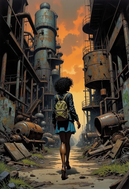 Comic book style 8k high quality digital painting , masterpiece, very detailed, ultra realistic, (best quality) very detailed epic masterpiece, a black woman almost seen from back while walking away, entire figure, curly hair, no face visible. She wears a black leather jacket, straight short blue silk skirt. Heeled strap sandals at feet. A backpack is hanging from her right shoulder. She is walking inside a huge abandoned factory at sunset, ambient in dim light, dark and dirty, (((angle view))), full of rusty machinery, tanks, gearboxes, chains and worn electric cables, graffiti everywhere, sheds and side windows with light rays coming through, the floor littered with debris and small water puddles, grass growing in floor cracks, drops falling from above. noir atmosphere, heroic fantasy, fna_style, Comic book style