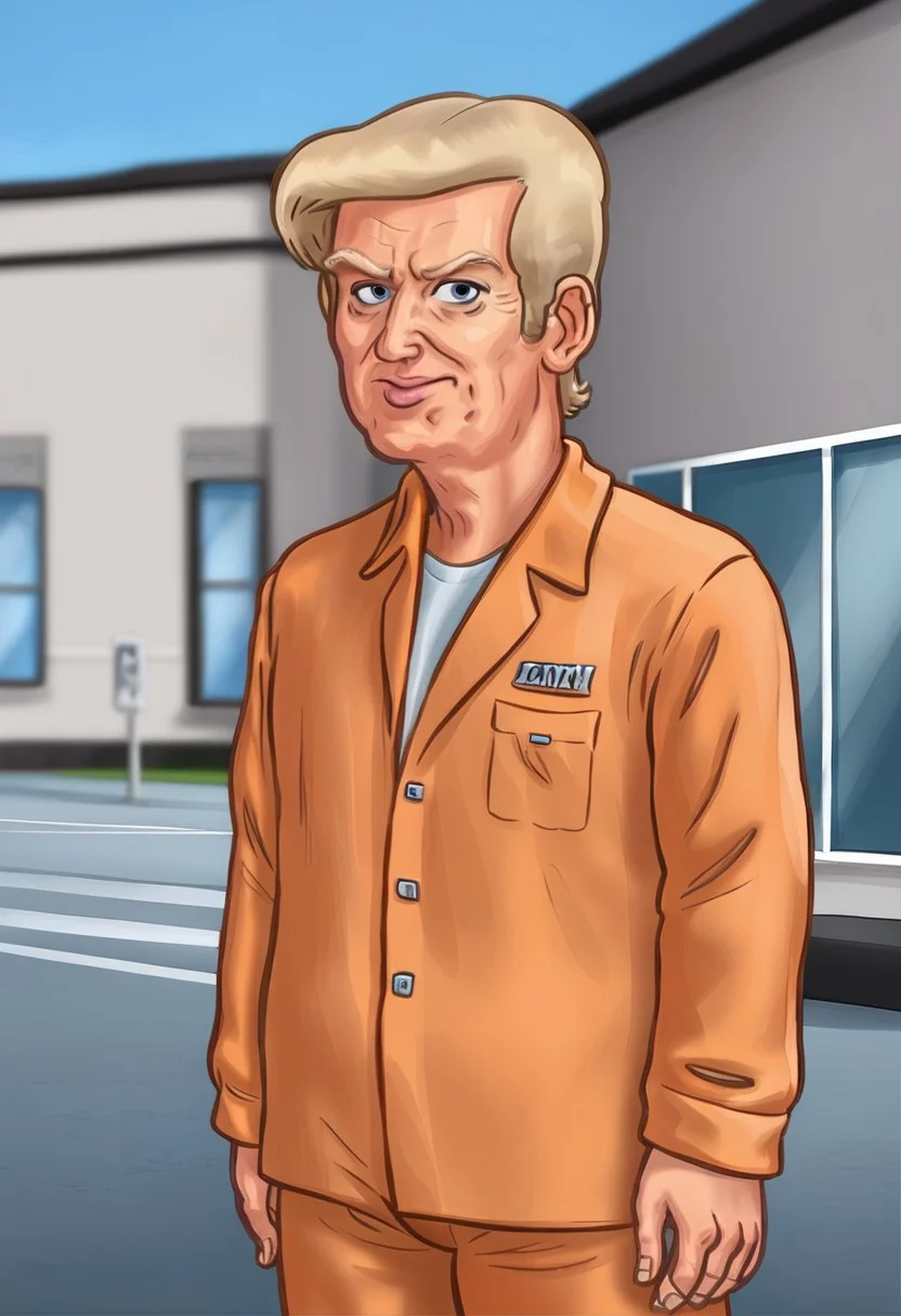 ((low depth of field)), (Drawn in the style of summertime saga), outdoors, (((exterior))) airport runway, ((sunny day)), ((giant jumbo jet background))
BREAK
stsrump 1male, (old) male, (fat) male, blue eyes, blonde hair, orange prisoner jumpsuit, looking at viewer, scowl