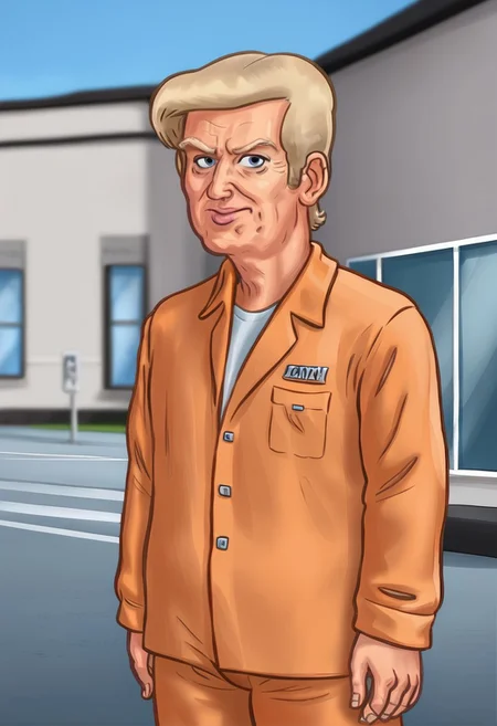 ((low depth of field)), (Drawn in the style of summertime saga), outdoors, (((exterior))) airport runway, ((sunny day)), ((giant jumbo jet background))
BREAK
stsrump 1male, (old) male, (fat) male, blue eyes, blonde hair, orange prisoner jumpsuit, looking at viewer, scowl