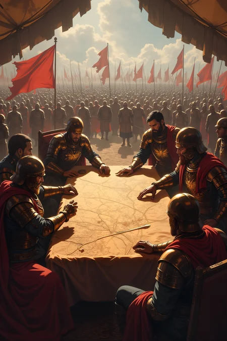 A chaotic battlefield stretches before a war council inside a grand tent. Generals in ornate armor argue over a massive map, their fingers tracing battle lines as the fate of the war hangs in the balance. Messengers rush in, breathless, carrying reports of shifting tides. Outside, soldiers prepare for battle, sharpening weapons and hoisting banners. The air is thick with tension, the weight of history pressing downâvictory or ruin will be decided in the coming hours.<lora:aesthetical-000003:0.15><lora:aidmaNSFWunlock-FLUX-PonyStyle-v0.1:0.15><lora:Flux-jijia:0.1><lora:GLSHS:0.6>