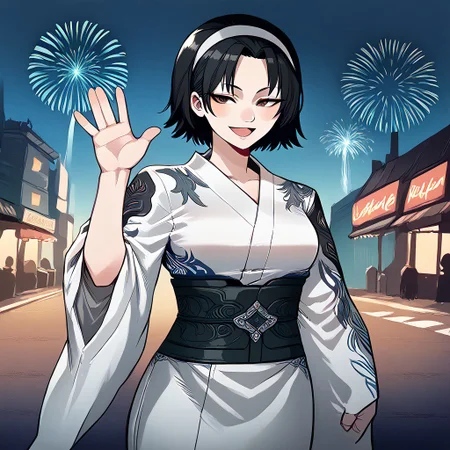 score_9, score_8_up, score_7_up, score_9, score_8_up, score_7_up,Masterpiece,HD,(((HD quality))), (((ultra quality))), hyper ultra detailed, hyper ultra quality, chibi,
street background,technology street,futuristic background,fireworks,
1girl, smile, open mouth, blushing cheeks,
waving hand, waving hand,open eyes,
BREAK
jun kazama, jun kazama \(tekken\), belt,
short hair, black hair,
hairband, black brown eyes,
kimono, white kimono,