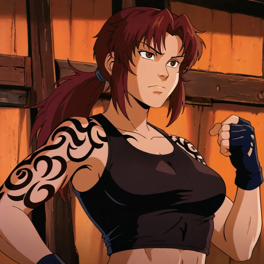 masterpiece, best quality, newest, absurdres, highres,
X-1990STV1.0,
1girl, revy_(black_lagoon), ponytail, black gloves, black tank top, tank top, tattoo, tribal tattoo, shoulder tattoo, crop top, brown eyes, brown hair,
