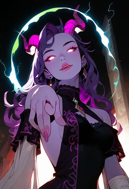 view from below, score_9, score_8_up, semi-realistic, fantasy style, 1girl, (very pretty woman), innocent sinister, dark pink purple cyan wild hair, (glowing neon white eyes), purple skin, bare shoulders, exquisite lace intricate gilded robe, epic horns, flat expression, parted lips, fangs, dragon priestess, demonette, medium breasts, looking at viewer, tilted head, beautiful, twisted, feminine, dynamic, swirling corrupted magic energy, pointing electricity, shaft head tilt