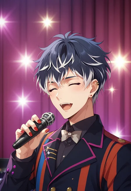 score_9, score_8_up, score_7_up, source_anime, highly detailed,
momosesunohara, 1boy, male focus, microphone, black hair, white hair, two-tone hair, streaked hair, multicolored hair, open mouth, solo, idol, holding microphone, upper body,
holding, closed eyes, looking at viewer, idol uniform, nail polish, red nails,
stage, stage lights,