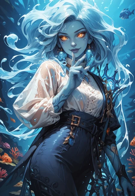 ((zPDXL3)), (score_9), (score_8_up, score_7_up), knva, (blue skin), (all blue skin), (blue complexion), (blue hands, blue arms, blue skin, blue ears), L0LSPL4SH, year2024, year2023, West Studio, sixmorevodka, g0thicPXL, glowing, neon, HD Eyes, masterpiece, best quality, highly detailed, intricate details, extremely detailed, smooth lines, masterpiece, no text, quality highlights, 8k detail, detailed background, (((pastel colors, high contrast,expressiveh,)))
...
1woman, solo, (((watergenasi, pointed ears, floating hair, liquid hair, wet clothes, webbed fingers))), (((blue skin, bioluminescent freckles))), ((bioluminescent skin)), (((liquid hair))), ((orange eyes, bright eyes)), glowing eyes:.4, (((blue skin))), adult, mature, ((uneven bob hairstyle, chin-length hair, liquid hair)), ((chin-length hair)), (standing, sexy pose), (white silk dress, belt, boots), (perky breasts, slender figure, cute butt), ((sly smile)), ((holding trident, 1 trident)), ((dynamic pose)), ((full body)), ((action pose)), (surrounded with a school of fish, framed by fish),
...
(Underwater Background, Dappled Sunlight on Water Surface, Fish, Coral, Reef, Gilded Frame, colourful, bioluminescent jellyfish, detailed background, artistic and intricate background)
...
<lora:detail-tweaker-XL:2>,