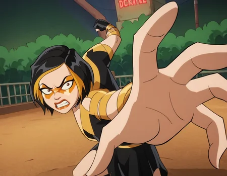 score_9, score_8_up, score_7_up, score_6_up BREAK, incrspunchmeme, g0g1-dh, 1girl, angry, grit teeth, solo, short hair, black hair, gold hair, multicolored hair, choker, domino mask, makeup, lipstick, gloves, dress <lora:Golden_Glider_Kite_Man_r1:0.7> <lora:PepePunchMeme_XLPD:1>
