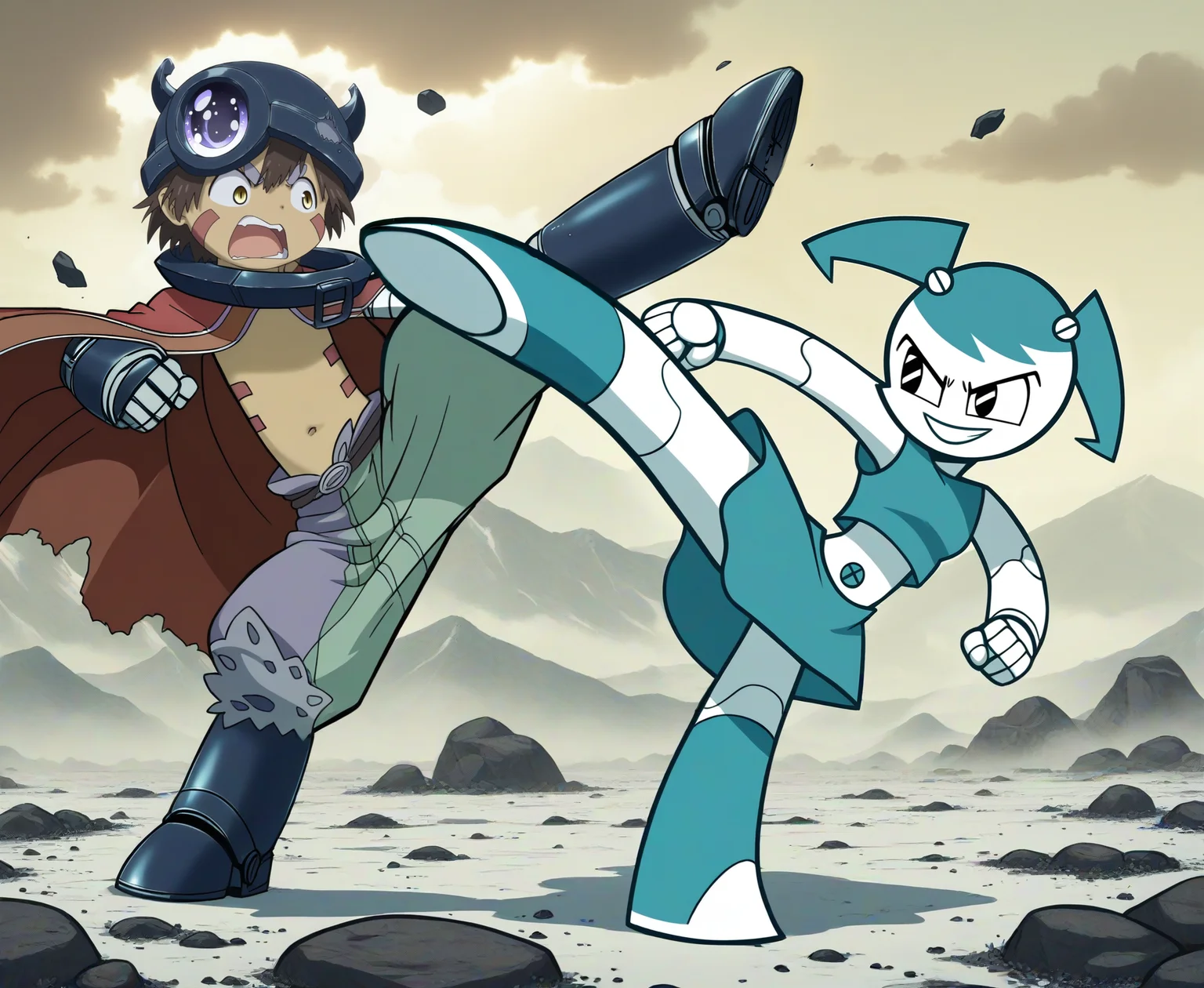 score_9, score_8_up, score_7_up, score_6_up, score_5_up, score_4_up, source_anime, full-length portrait, side view BREAK
(duo:1.2), 1boy, 1girl, (fighting, fight scene, battle, fists, dynamic, kick, kicking) BREAK
mregu, cyborg, cybernetic limbs, aubade helmet, aubade cape, aubade shorts, male, angry, open mouth, fighting pose, fight BREAK
jenny, twintails, 1girl, solo, robot, no humans, blue hair, blue tube top, blue skirt, robot joints, smile, navel, white skin, fighting pose, fight BREAK
destroyed building, charred ground, debris, rubble, overcast, detailed background <lora:Made In Abyss - CharactersXL v0.6b-000005:0.7> <lora:Jenny_XJ-9_Pony1.0:0.7> <lora:DYNAMIC_FIGHT_SCENE_2:0.9>
