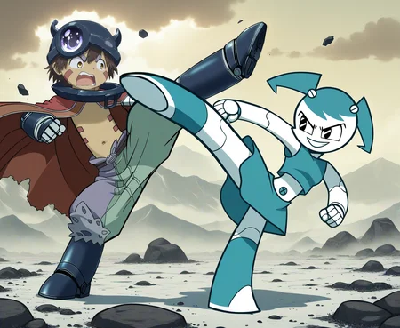 score_9, score_8_up, score_7_up, score_6_up, score_5_up, score_4_up, source_anime, full-length portrait, side view BREAK
(duo:1.2), 1boy, 1girl, (fighting, fight scene, battle, fists, dynamic, kick, kicking) BREAK
mregu, cyborg, cybernetic limbs, aubade helmet, aubade cape, aubade shorts, male, angry, open mouth, fighting pose, fight BREAK
jenny, twintails, 1girl, solo, robot, no humans, blue hair, blue tube top, blue skirt, robot joints, smile, navel, white skin, fighting pose, fight BREAK
destroyed building, charred ground, debris, rubble, overcast, detailed background <lora:Made In Abyss - CharactersXL v0.6b-000005:0.7> <lora:Jenny_XJ-9_Pony1.0:0.7> <lora:DYNAMIC_FIGHT_SCENE_2:0.9>