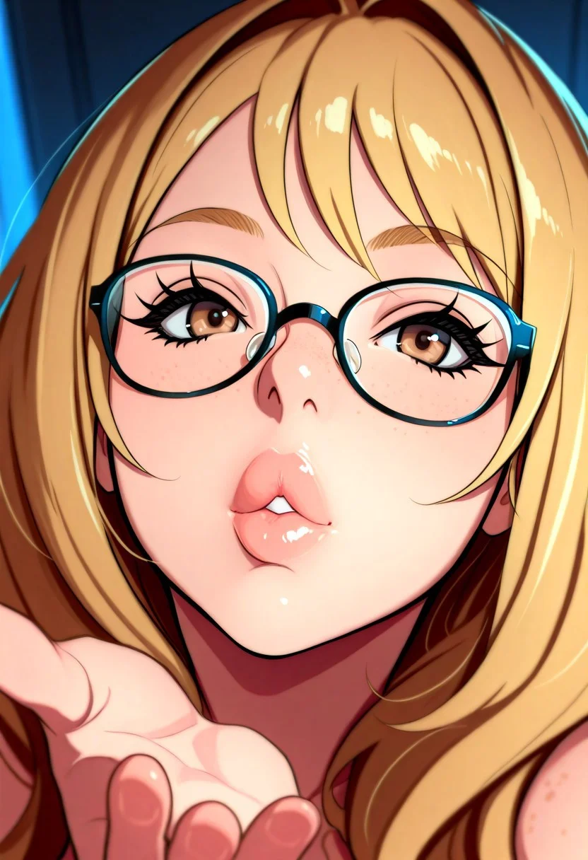 (masterpiece:1.3), (best quality:1.3), (ultra-detailed:1.3), very aesthetic, absurdres, newest, 32K, depth of field, focused subject, high resolution, ultra sharp, depth of field, cinematic lighting, volumetric lighting, artist:moriimee, in the style of cknc,
BREAK,
(artist_style:Nac000), Nac000, 1woman, beautiful woman, realistic portrait, blonde hair, short voluminous hair, light brown eyes, big bright eyes, plump lips, small cute nose, freckles on face, square small glasses, seductive gaze, captivating look, 3 4 angle, blowing kiss, posing,