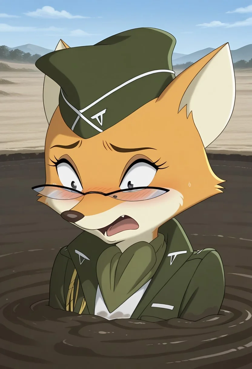 high resolution, absurdres, best quality, 1girl, lt_vixen, anthro, fox, furry, orange fur, tail, dot eyes, green military uniform, military hat, glasses, sky, outside, grasss field, scared, open mouth, (partially submerged, quicksand, white mud, shoulder deep in quicksand, embarrassed, looking down, sand, up to shoulders in quicksand, quarry, upper body, closeup), official style, official art style