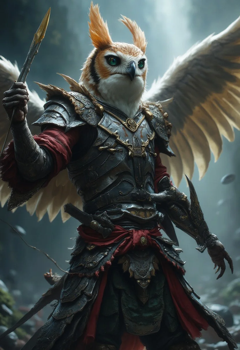 A humanoid owl in bushido armor from fantasy world using a holy silver whip in a dramatic dinamic pose, open wings, blurry background,