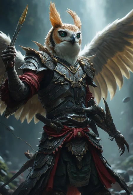 A humanoid owl in bushido armor from fantasy world using a holy silver whip in a dramatic dinamic pose, open wings, blurry background,
