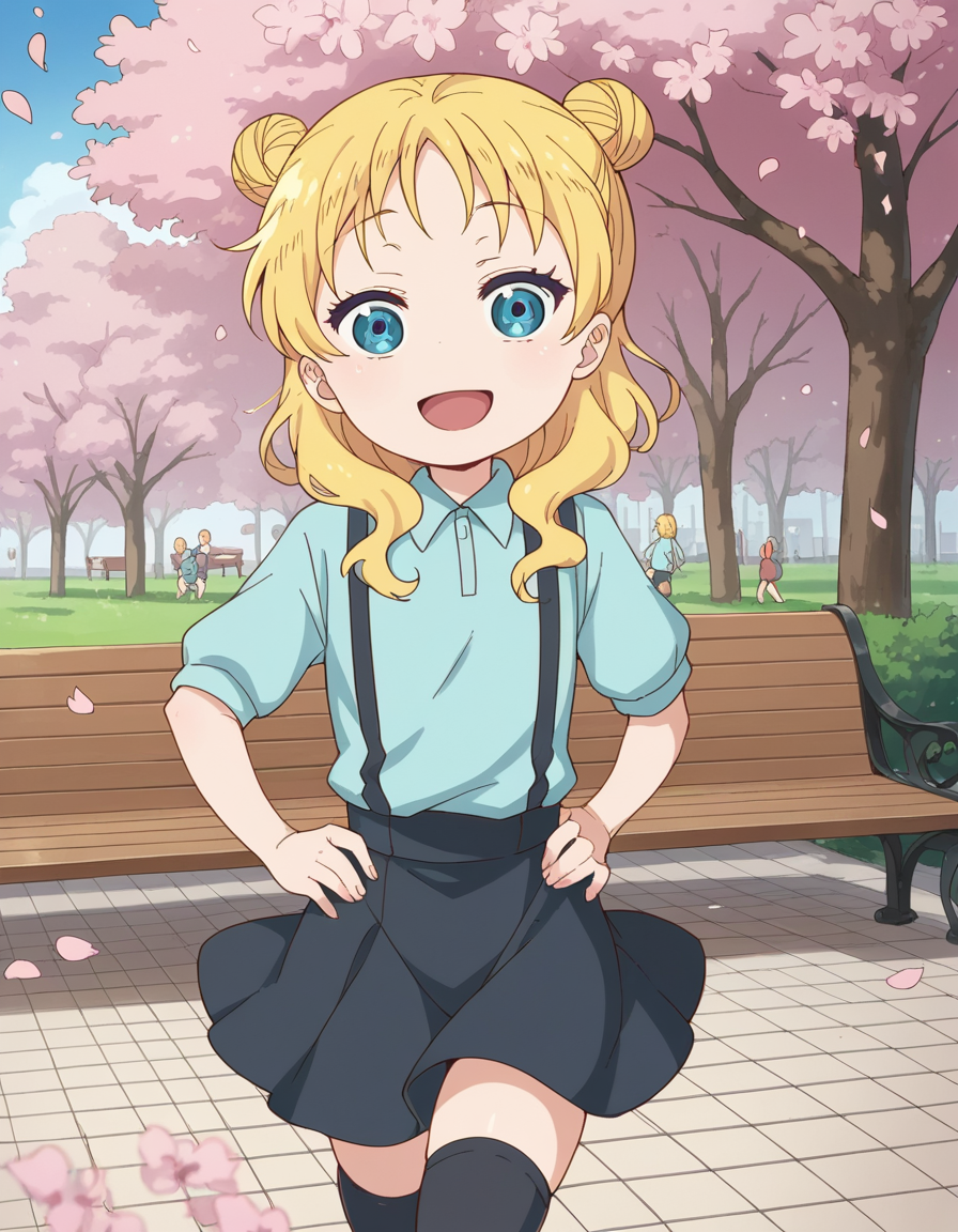 score_9, score_8_up, score_7_up, source_anime, <lora:dragon-chloe-s2-ponyxl-lora-nochekaiser:1>, chloe, blue eyes, blonde hair, hair bun, double bun, child, female child,, skirt, shirt, thighhighs, collared shirt, suspenders, blue shirt,, park, cherry blossoms, bench, gentle breeze, peaceful, running, open mouth,, smile, , smug, hands on hips,, solo,, dutch angle,
