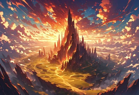 Imagine a valley sculpted by the wind over millennia, where the land rises in majestic rock formations that defy gravity. High above, pillars of eroded stone resemble the fingers of giants trying to touch the sky. Between these natural columns, billowing clouds dance to the rhythm of an invisible melody, creating a constantly changing spectacle of light and shadow. On the valley floor, golden grass sways like a golden sea, while intricate patterns of sand form an ephemeral tapestry that transforms with every gust of wind, Dynamic, textured clouds interact with the rock formations, Ethereal, Monumental, Magical