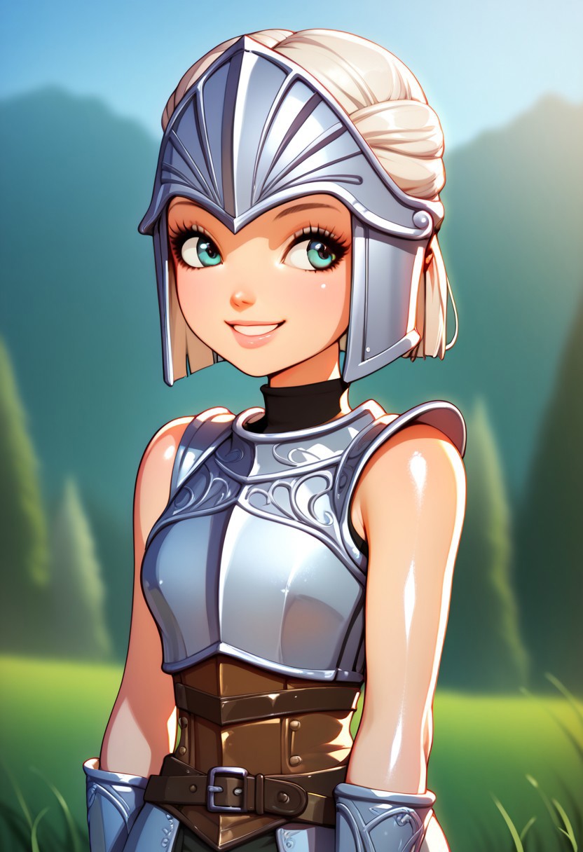 score_9, score_8_up, score_7_up, deep skin, shiny skin, skindentation, source_anime, high quality, highres, 1girl, solo, outside, knight armor, sleeveless, smile