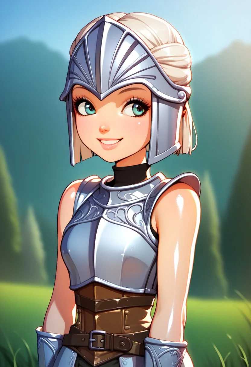 score_9, score_8_up, score_7_up, deep skin, shiny skin, skindentation, source_anime, high quality, highres, 1girl, solo, outside, knight armor, sleeveless, smile