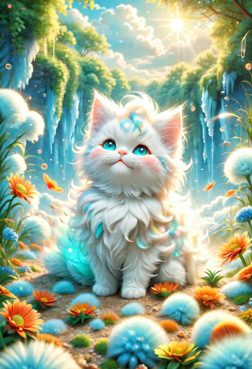 ral-fluff,<lora:ral-fluff:1>,
masterpiece,best quality,original,official art,kittenflower,background,cartoon rendering,beautiful detailed glow,(detailed ice),beautiful detailed sun,sunny, flower, happy, big grin,