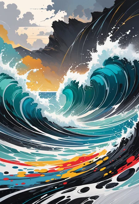 Seascape, serene coastal scenes, minimalist compositions, soft color palette, evocative atmosphere.
,drip painting, splatter art, chaotic patterns, overlapping colors, energetic composition, no central focal point, bold colors, black and white, rhythmic lines, spontaneous, subconscious emotion, rugged texture, thick paint